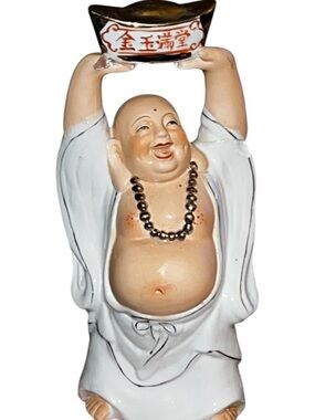Vintage Porcelain Laughing Chinese Buddha Statue Holding Gold Ingot